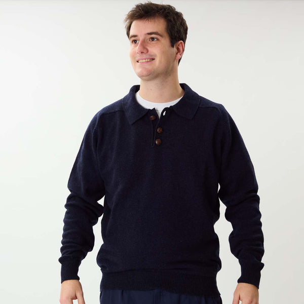 Lammwolle Polopullover - Indigo Melange