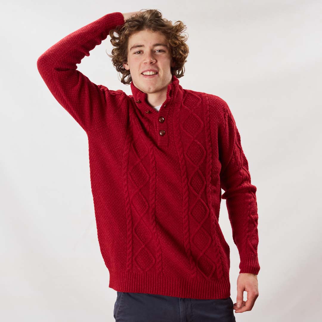 Lambswool large cable butonned mock neck - Poppy Melange – Osborne 